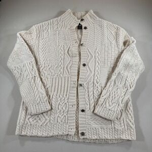 Lauren Ralph Lauren Hand Knit 100% Wool Cable Patchwork Cardigan Sweater Cream L